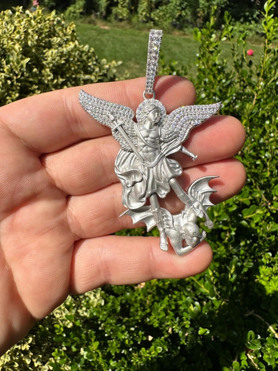 Real MOISSANITE Saint St Michael Slaying Dragon Pendant 925 Silver Necklace Iced 17 Real MOISSANITE Saint St Michael Slaying Dragon Pendant 925 Silver Necklace Iced - Image 15