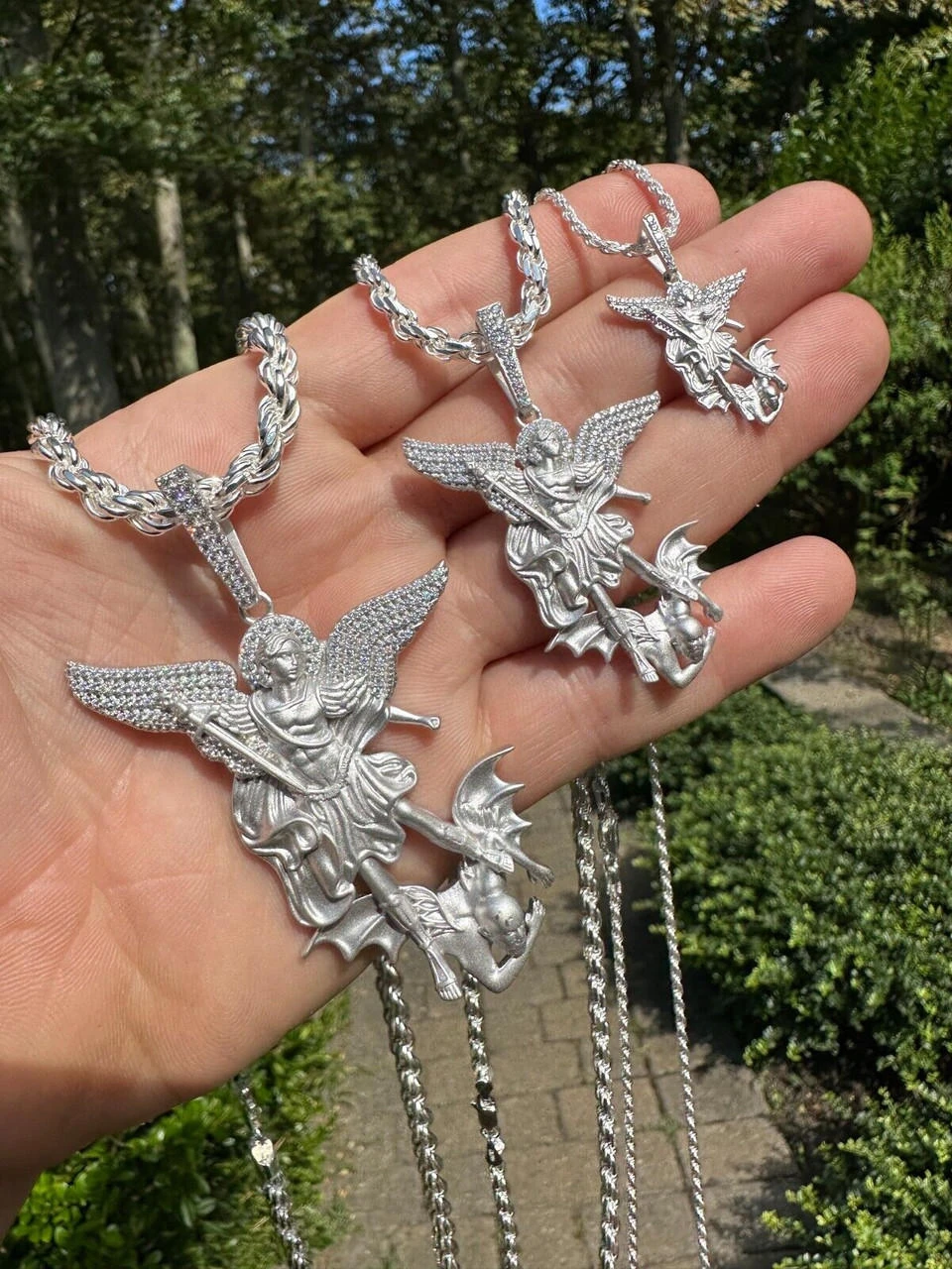 Real MOISSANITE Saint St Michael Slaying Dragon Pendant 925 Silver Necklace Iced 22 Real MOISSANITE Saint St Michael Slaying Dragon Pendant 925 Silver Necklace Iced - Image 20