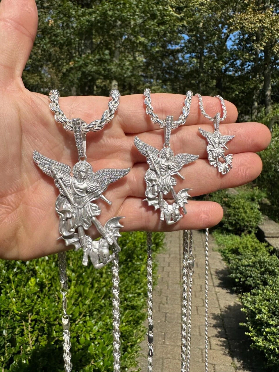 Real MOISSANITE Saint St Michael Slaying Dragon Pendant 925 Silver Necklace Iced 4 Real MOISSANITE Saint St Michael Slaying Dragon Pendant 925 Silver Necklace Iced - Image 2