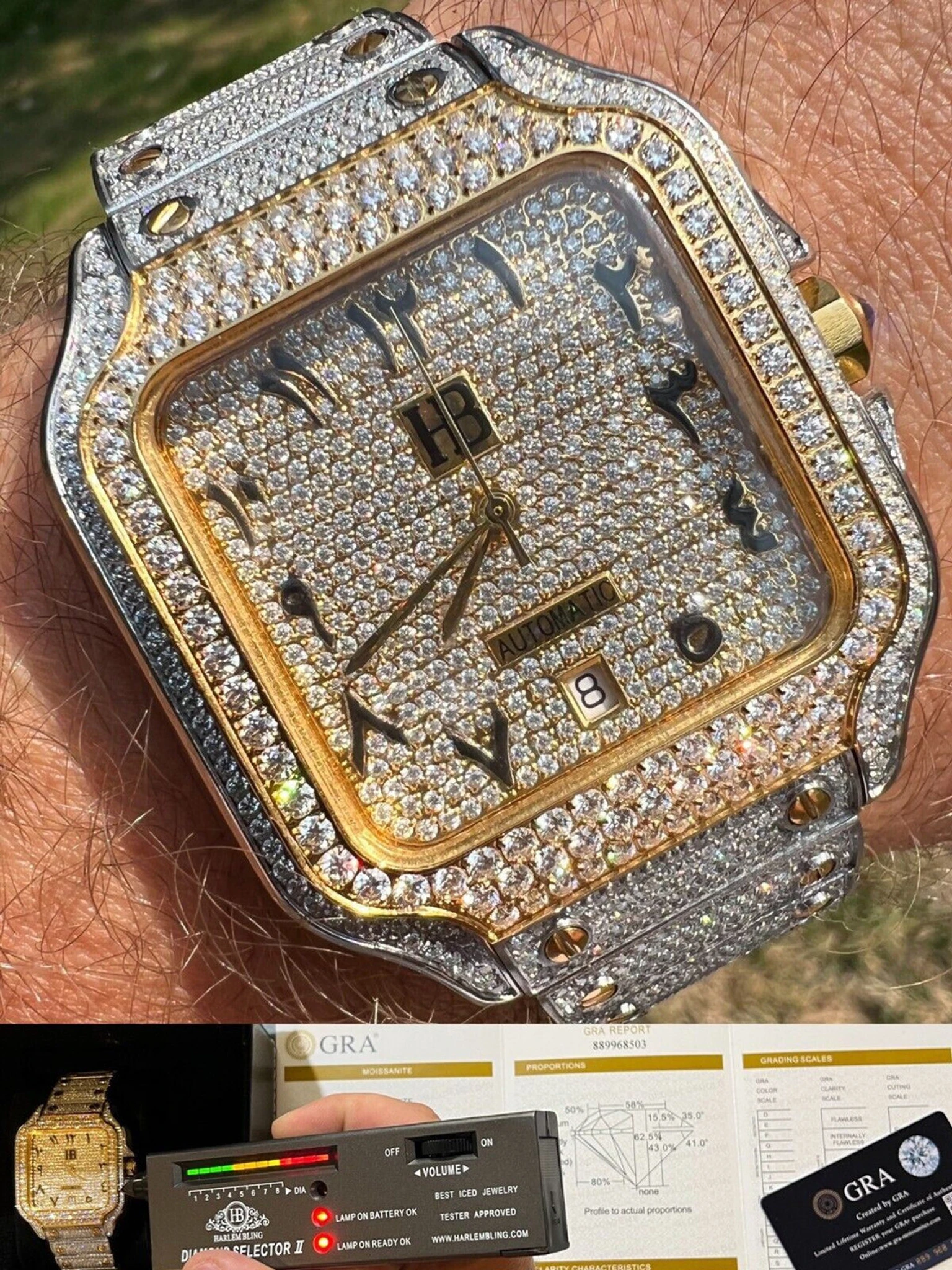 Real MOISSANITE Watch Iced Automatic Movement Gold Two Tone Hip Hop Arabic Out 3 Real MOISSANITE Watch Iced Automatic Movement Gold Two Tone Hip Hop Arabic Out