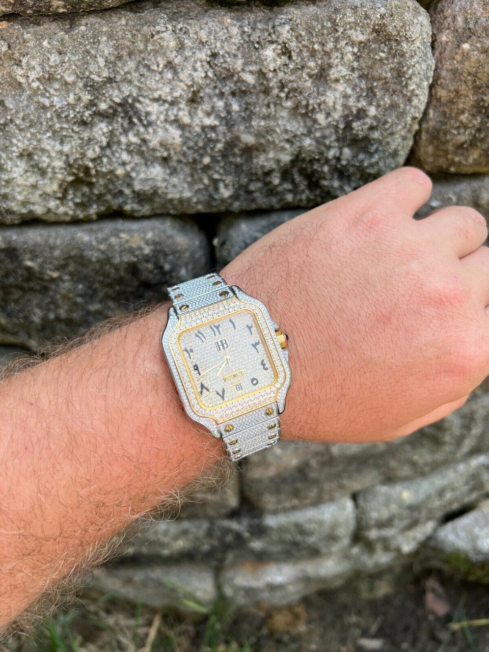 Real MOISSANITE Watch Iced Automatic Movement Gold Two Tone Hip Hop Arabic Out 7 Real MOISSANITE Watch Iced Automatic Movement Gold Two Tone Hip Hop Arabic Out - Image 5