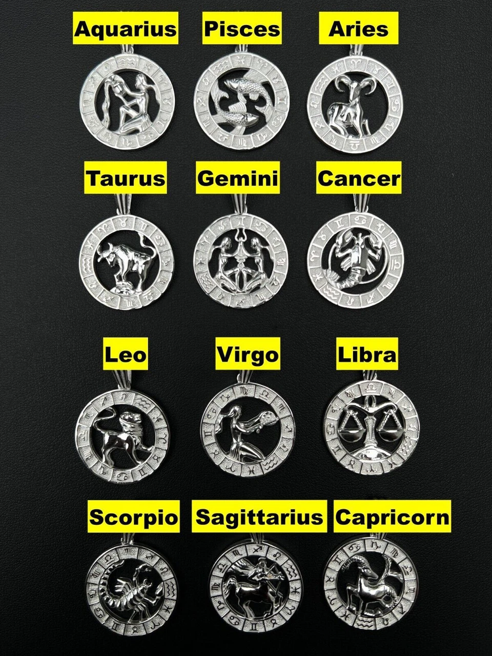 Real Solid 925 Silver Zodiac Astrology Sign Pendant Necklace Plain Medallion 1" 4 Real Solid 925 Silver Zodiac Astrology Sign Pendant Necklace Plain Medallion 1" - Image 2