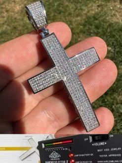 Solid 10k White Gold 3ct VVS Moissanite Cross Pendant Necklace 19g Mens Large 2"