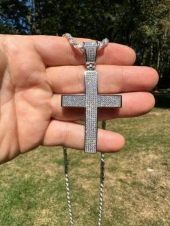 Solid 10k White Gold 3ct VVS Moissanite Cross Pendant Necklace 19g Mens Large 2" 28 Solid 10k White Gold 3ct VVS Moissanite Cross Pendant Necklace 19g Mens Large 2" -Harlem Bling Shop hip hop solid 10k white gold 3ct vvs moissanite cross pendant necklace 19g mens large 2 77326.1693789812