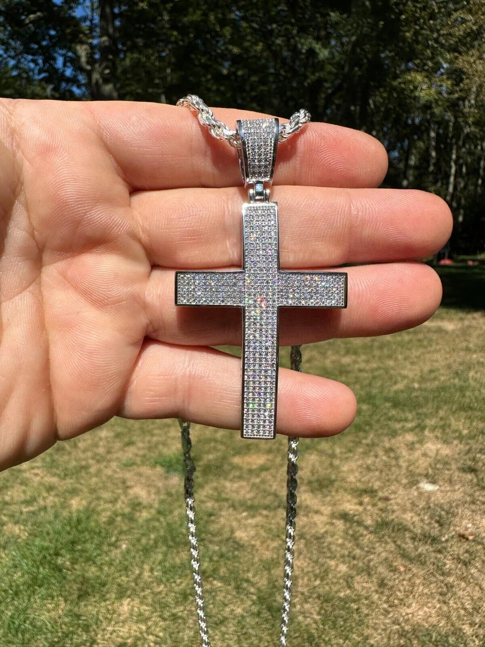 Solid 10k White Gold 3ct VVS Moissanite Cross Pendant Necklace 19g Mens Large 2" 9 Solid 10k White Gold 3ct VVS Moissanite Cross Pendant Necklace 19g Mens Large 2" - Image 7