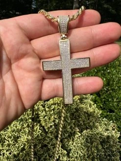 Solid 10k Yellow Gold 3ct VVS Moissanite Cross Pendant Necklace 19g Mens Large 25 Solid 10k Yellow Gold 3ct VVS Moissanite Cross Pendant Necklace 19g Mens Large -Harlem Bling Shop hip hop solid 10k yellow gold 3ct vvs moissanite cross pendant necklace 19g mens large 65016.1693789863