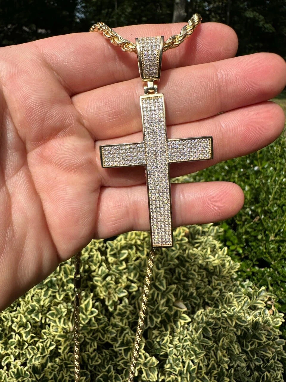 Solid 10k Yellow Gold 3ct VVS Moissanite Cross Pendant Necklace 19g Mens Large 6 Solid 10k Yellow Gold 3ct VVS Moissanite Cross Pendant Necklace 19g Mens Large - Image 4
