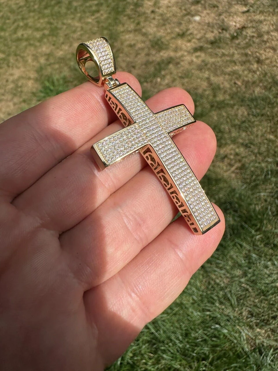 Solid 10k Yellow Gold 3ct VVS Moissanite Cross Pendant Necklace 19g Mens Large 7 Solid 10k Yellow Gold 3ct VVS Moissanite Cross Pendant Necklace 19g Mens Large - Image 5