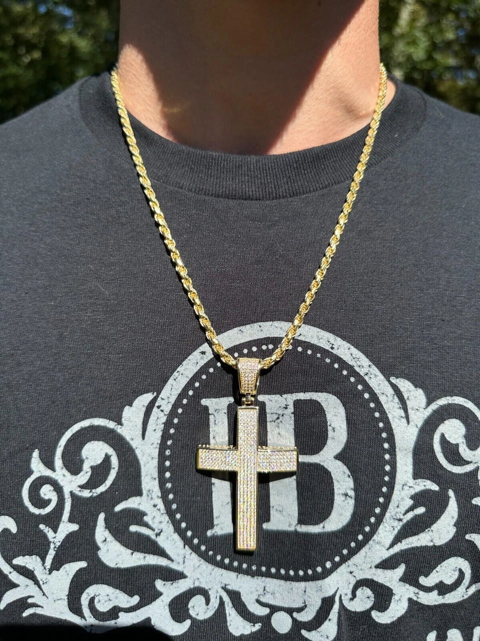 Solid 10k Yellow Gold 3ct VVS Moissanite Cross Pendant Necklace 19g Mens Large 4 Solid 10k Yellow Gold 3ct VVS Moissanite Cross Pendant Necklace 19g Mens Large - Image 2