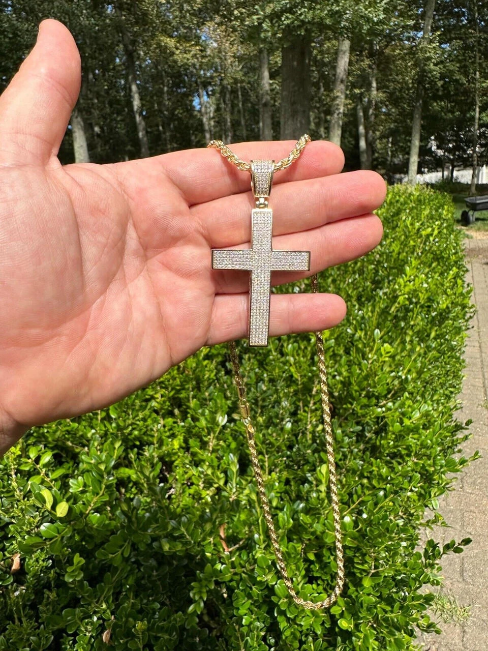 Solid 10k Yellow Gold 3ct VVS Moissanite Cross Pendant Necklace 19g Mens Large 5 Solid 10k Yellow Gold 3ct VVS Moissanite Cross Pendant Necklace 19g Mens Large - Image 3