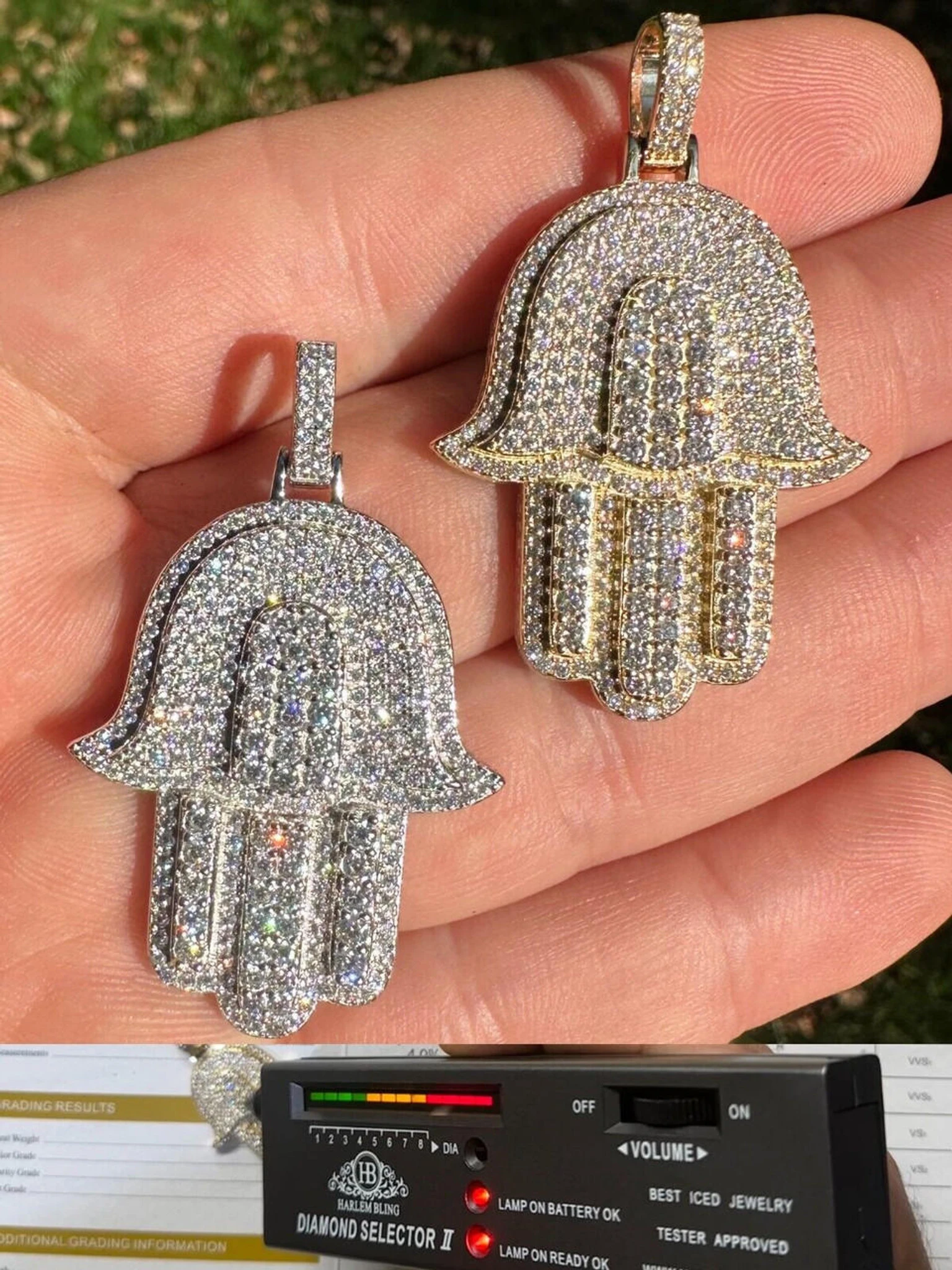 Solid 10k Yellow Or White Gold Hamsa Hand Iced 3ct Moissanite Pendant Necklace 3 Solid 10k Yellow Or White Gold Hamsa Hand Iced 3ct Moissanite Pendant Necklace