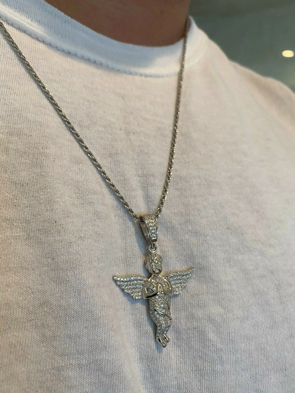 Solid 925 Silver Angel Hip Hop Pendant Iced Diamond Gold Necklace Men's 2" Piece 5 Solid 925 Silver Angel Hip Hop Pendant Iced Diamond Gold Necklace Men's 2" Piece - Image 3