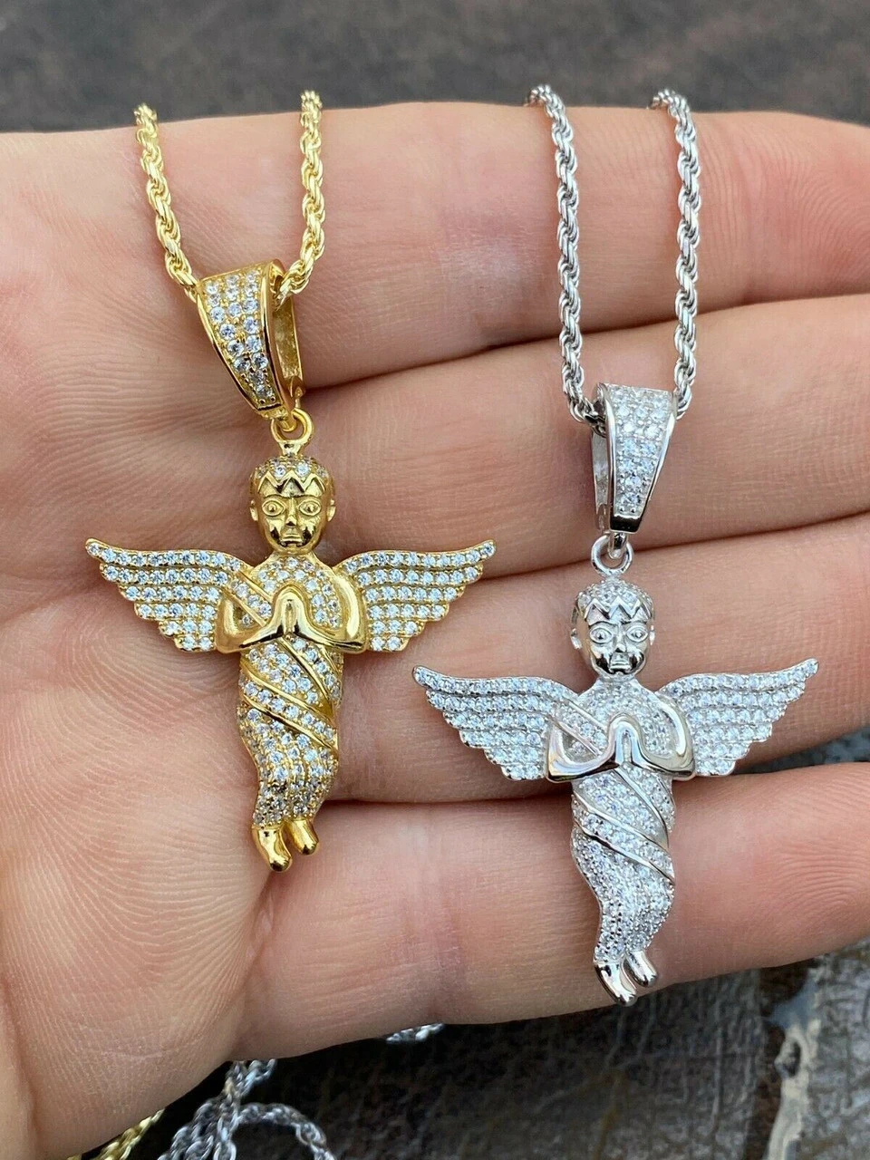 Solid 925 Silver Angel Hip Hop Pendant Iced Diamond Gold Necklace Men's 2" Piece 6 Solid 925 Silver Angel Hip Hop Pendant Iced Diamond Gold Necklace Men's 2" Piece - Image 4