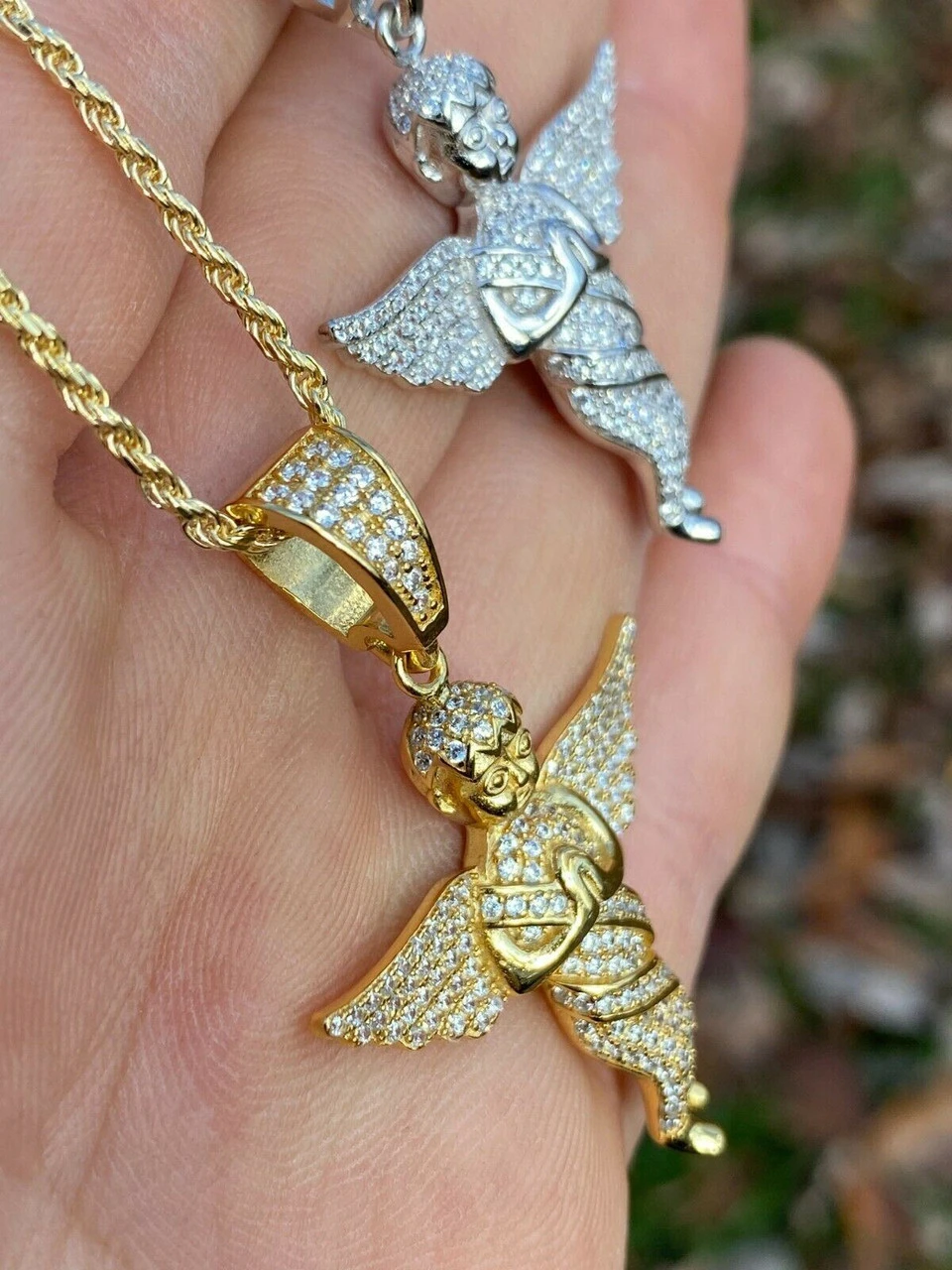 Solid 925 Silver Angel Hip Hop Pendant Iced Diamond Gold Necklace Men's 2" Piece 7 Solid 925 Silver Angel Hip Hop Pendant Iced Diamond Gold Necklace Men's 2" Piece - Image 5