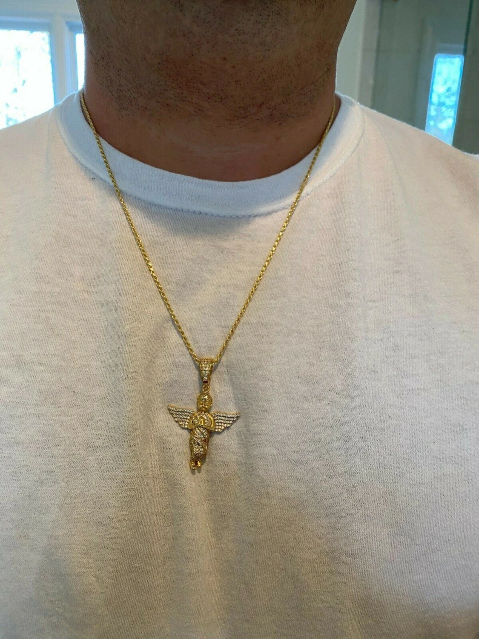 Solid 925 Silver Angel Hip Hop Pendant Iced Diamond Gold Necklace Men's 2" Piece 9 Solid 925 Silver Angel Hip Hop Pendant Iced Diamond Gold Necklace Men's 2" Piece - Image 7