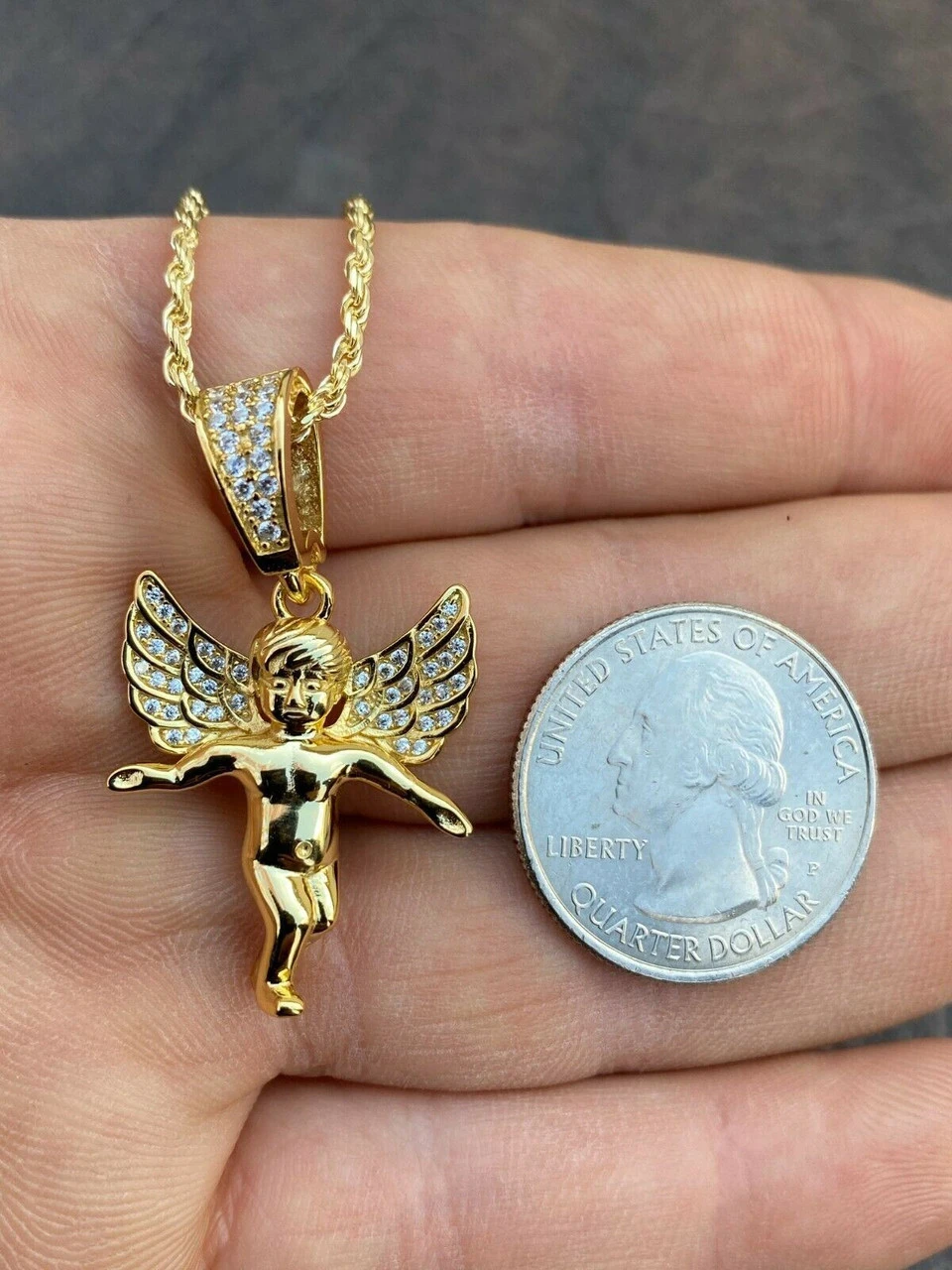 Solid 925 Silver Micro Angel Hip Hop Pendant Iced Diamond Gold Necklace Praying 14 Solid 925 Silver Micro Angel Hip Hop Pendant Iced Diamond Gold Necklace Praying - Image 12
