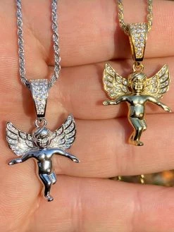 Solid 925 Silver Micro Angel Hip Hop Pendant Iced Diamond Gold Necklace Praying