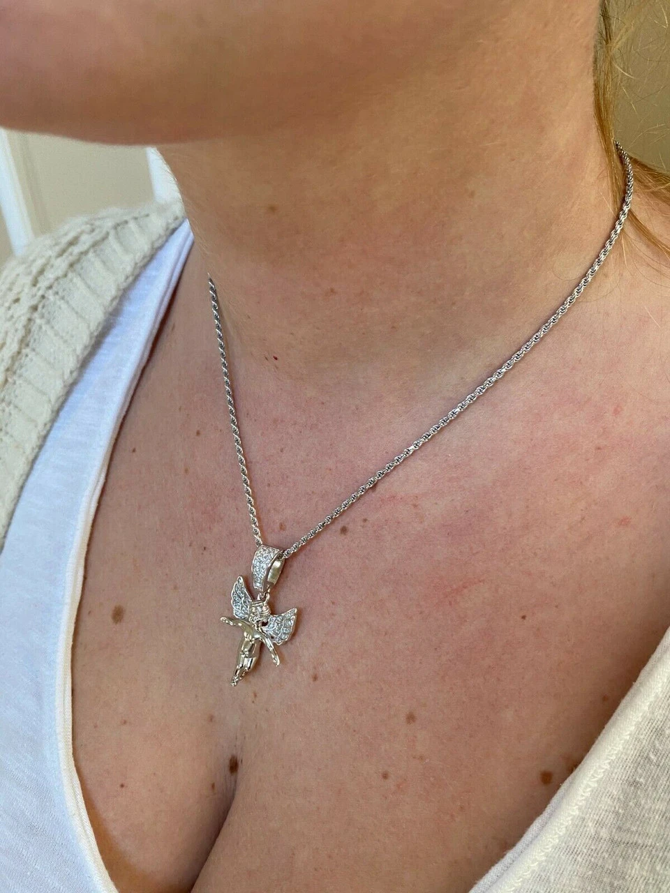 Solid 925 Silver Micro Angel Hip Hop Pendant Iced Diamond Gold Necklace Praying 7 Solid 925 Silver Micro Angel Hip Hop Pendant Iced Diamond Gold Necklace Praying - Image 5