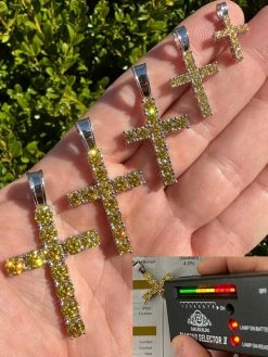 Yellow Canary MOISSANITE Real 925 Silver Cross Iced Pendant Necklace Hip Hop