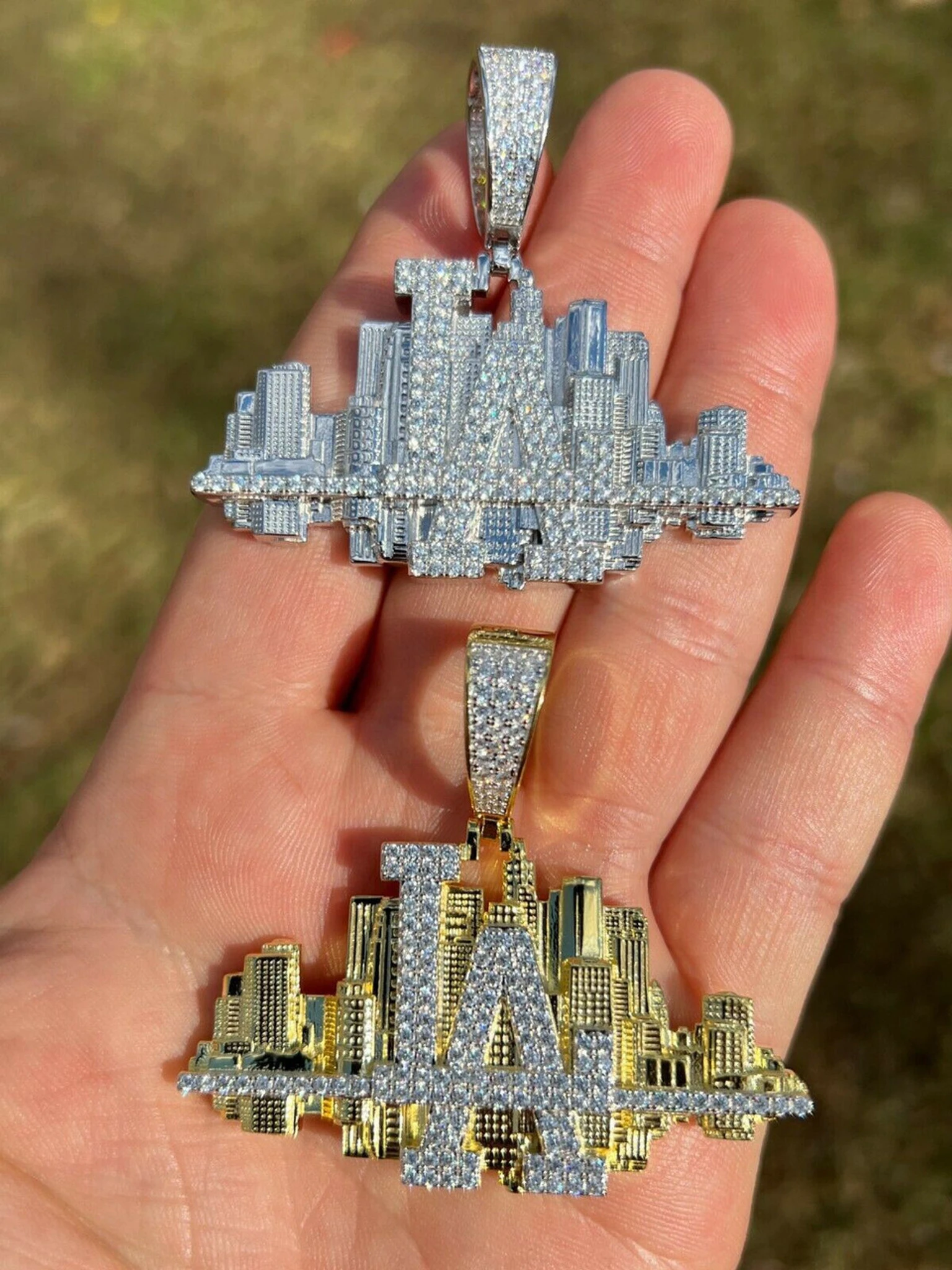 HipHop Los Angeles LA Skyline Pendant Iced Diamond Real 925 Silver Gold Necklace 3 HipHop Los Angeles LA Skyline Pendant Iced Diamond Real 925 Silver Gold Necklace