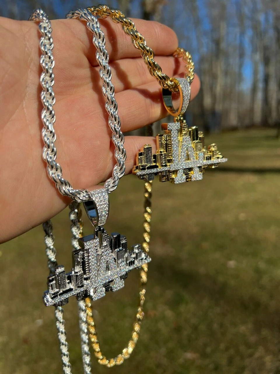 HipHop Los Angeles LA Skyline Pendant Iced Diamond Real 925 Silver Gold Necklace 4 HipHop Los Angeles LA Skyline Pendant Iced Diamond Real 925 Silver Gold Necklace - Image 2