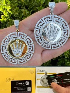 Iced Moissanite Crown Medallion Pendant Necklace Gold / Silver Pass Diamond Test
