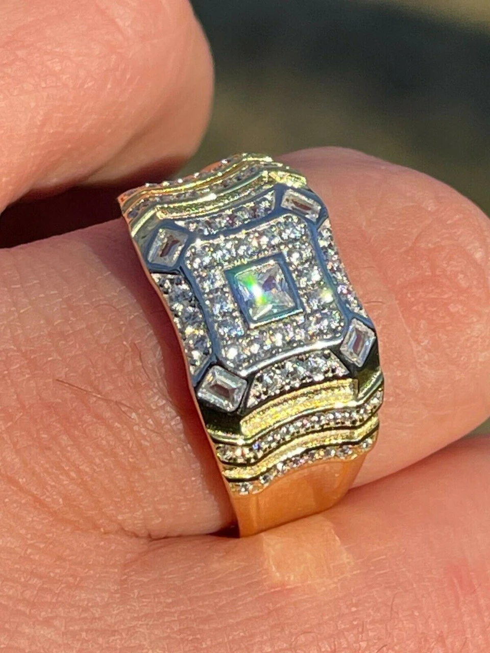 14k Gold & Real Solid 925 Silver Diamond Iced Baguette Mens Pinky Square RING Band 4 14k Gold & Real Solid 925 Silver Diamond Iced Baguette Mens Pinky Square RING Band - Image 2