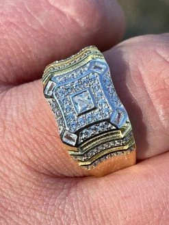 14k Gold & Real Solid 925 Silver Diamond Iced Baguette Mens Pinky Square RING Band