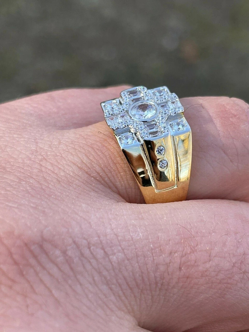 14k Gold & Real Solid 925 Silver Diamond Iced Baguette Mens Pinky Square RING 8 14k Gold & Real Solid 925 Silver Diamond Iced Baguette Mens Pinky Square RING - Image 6