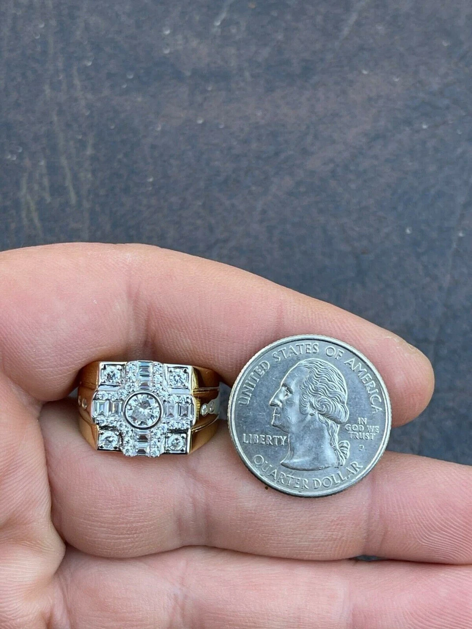 14k Gold & Real Solid 925 Silver Diamond Iced Baguette Mens Pinky Square RING 7 14k Gold & Real Solid 925 Silver Diamond Iced Baguette Mens Pinky Square RING - Image 5