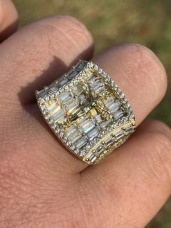 14k Gold & Solid 925 Silver Iced Flooded Out Baguette Diamond Pinky Cross Ring