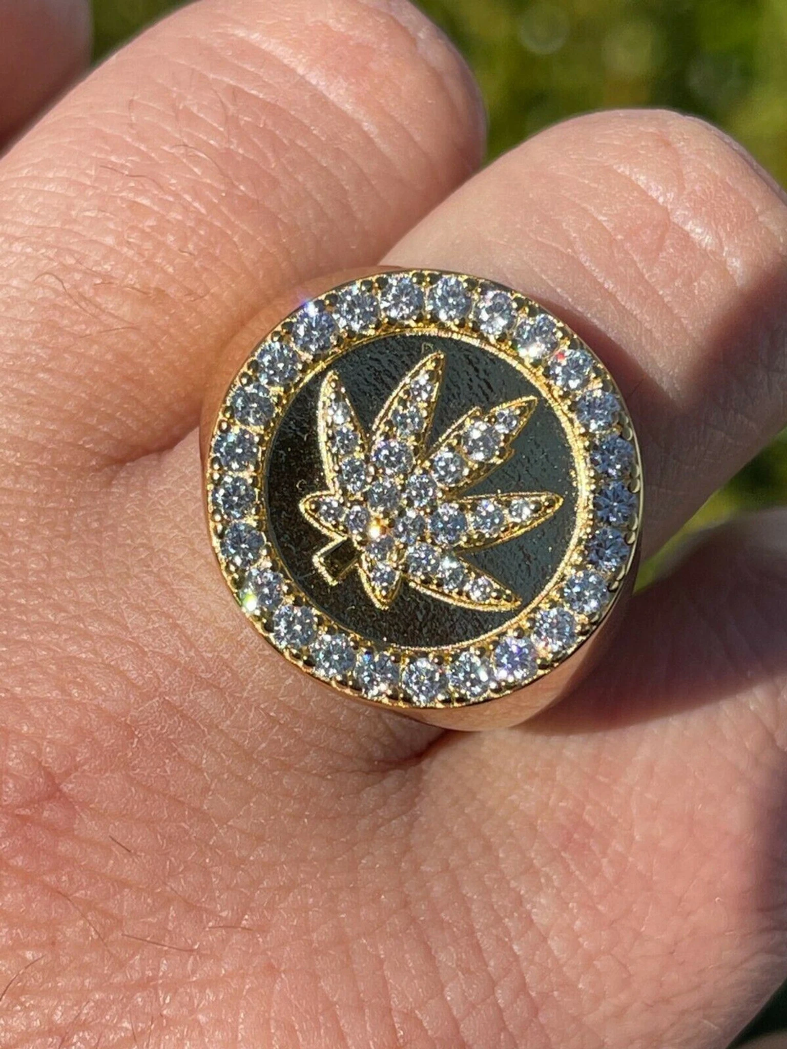 14k Gold & Solid 925 Sterling Silver Iced Weed Marijuana Leaf Ring Flooded Out 3 14k Gold & Solid 925 Sterling Silver Iced Weed Marijuana Leaf Ring Flooded Out