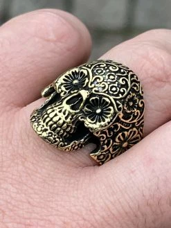 14k Gold Over Real 925 Sterling Silver Calavera Day Of Dead Sugar Skull Ring