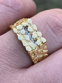 14k Gold Over REAL Solid 925 Sterling Silver Nugget Ring Iced Baguette Diamonds