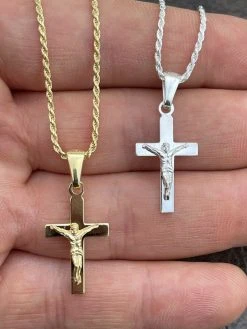925 Sterling Silver Plain Gold Cross Jesus Crucifix Pendant Necklace Small 1"