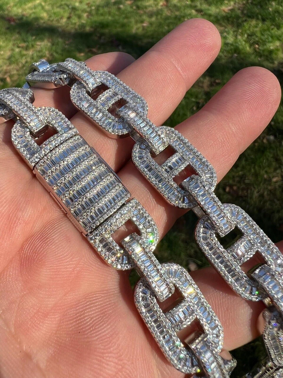 Baguette MOISSANITE Solid 925 Silver Gucci Link Chain Necklace Pass Diamond Test 14 Baguette MOISSANITE Solid 925 Silver Gucci Link Chain Necklace Pass Diamond Test - Image 12