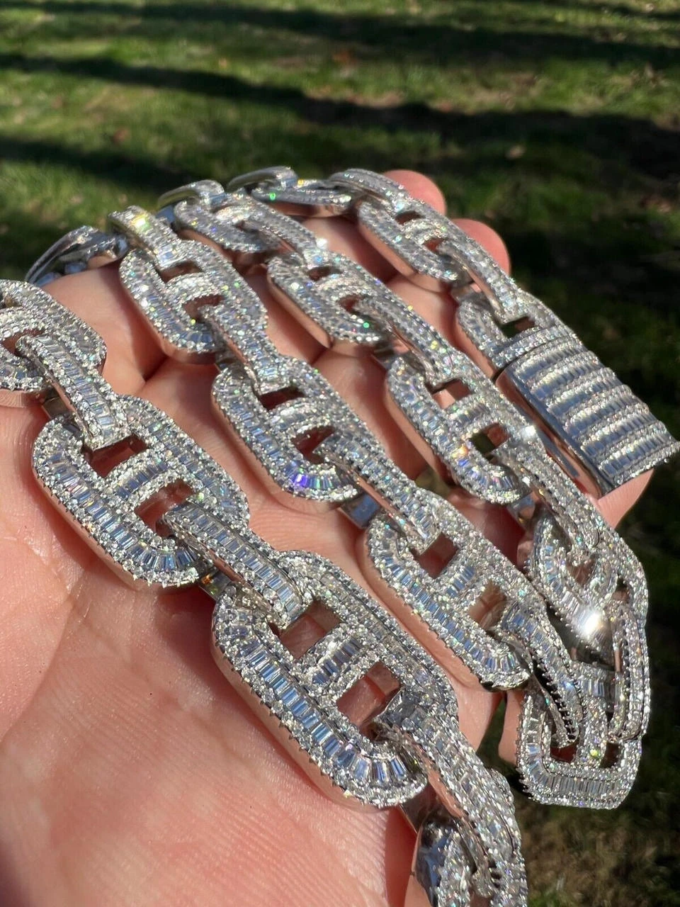 Baguette MOISSANITE Solid 925 Silver Gucci Link Chain Necklace Pass Diamond Test 7 Baguette MOISSANITE Solid 925 Silver Gucci Link Chain Necklace Pass Diamond Test - Image 5