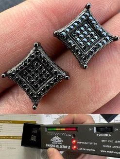 Black MOISSANITE Oxidized Rhodium Over 925 Silver Square Kite Earrings Hip Hop