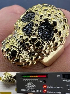 Gold Nugget Death Skull Ring Mens 14k Plated 925 Silver Real Black MOISSANITE