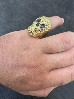 Gold Nugget Death Skull Ring Mens 14k Plated 925 Silver Real Black MOISSANITE -Harlem Bling Shop italiano silver inc gold nugget death skull ring mens 14k plated 925 silver real black moissanite 69984.1695433552