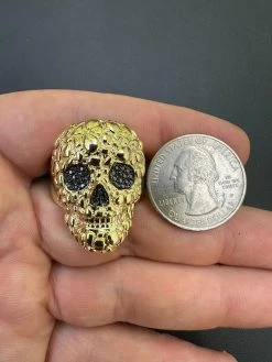 Gold Nugget Death Skull Ring Mens 14k Plated 925 Silver Real Black MOISSANITE -Harlem Bling Shop italiano silver inc gold nugget death skull ring mens 14k plated 925 silver real black moissanite 78318.1695433577