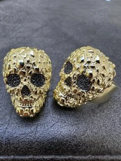 Gold Nugget Death Skull Ring Mens 14k Plated 925 Silver Real Black MOISSANITE -Harlem Bling Shop italiano silver inc gold nugget death skull ring mens 14k plated 925 silver real black moissanite 79305.1695433593