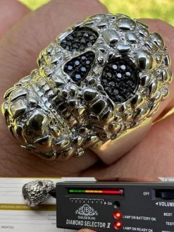 HEAVY Nugget Death Skull Ring Mens Real Solid 925 Silver Real Black MOISSANITE