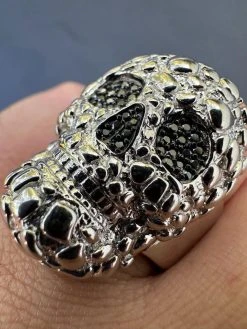 HEAVY Nugget Death Skull Ring Mens Real Solid 925 Silver Real Black MOISSANITE -Harlem Bling Shop italiano silver inc heavy nugget death skull ring mens real solid 925 silver real black moissanite 50319.1695433617