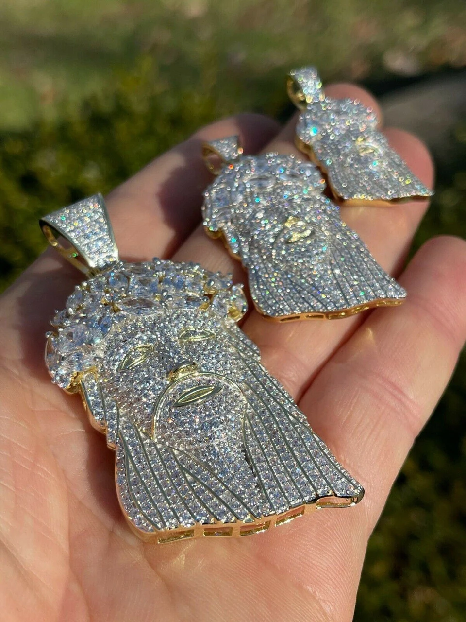 HipHop 14k Gold & 925 Sterling Silver Two Tone Baguette Jesus Piece Pendant Iced 5 HipHop 14k Gold & 925 Sterling Silver Two Tone Baguette Jesus Piece Pendant Iced - Image 3