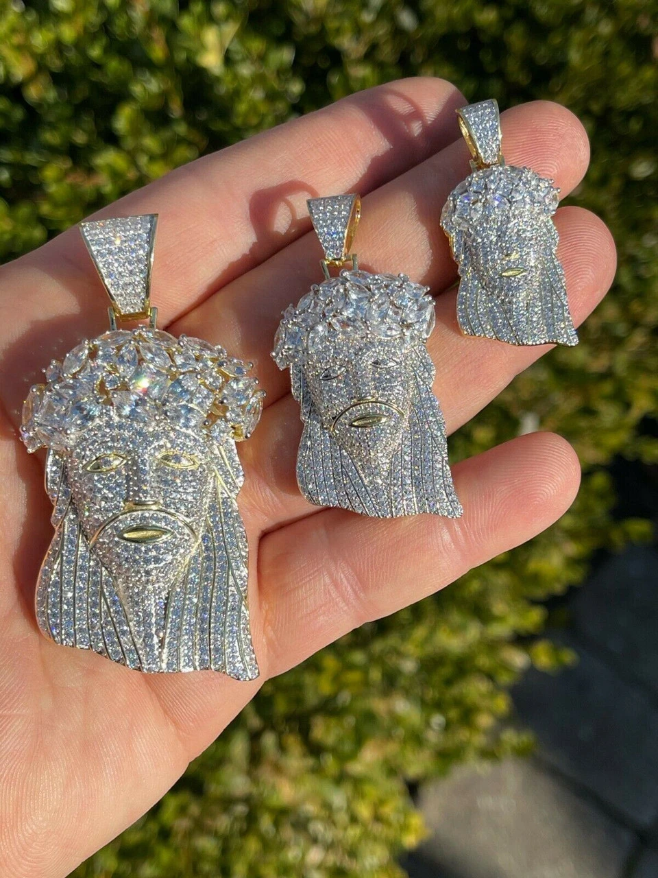 HipHop 14k Gold & 925 Sterling Silver Two Tone Baguette Jesus Piece Pendant Iced 11 HipHop 14k Gold & 925 Sterling Silver Two Tone Baguette Jesus Piece Pendant Iced - Image 9