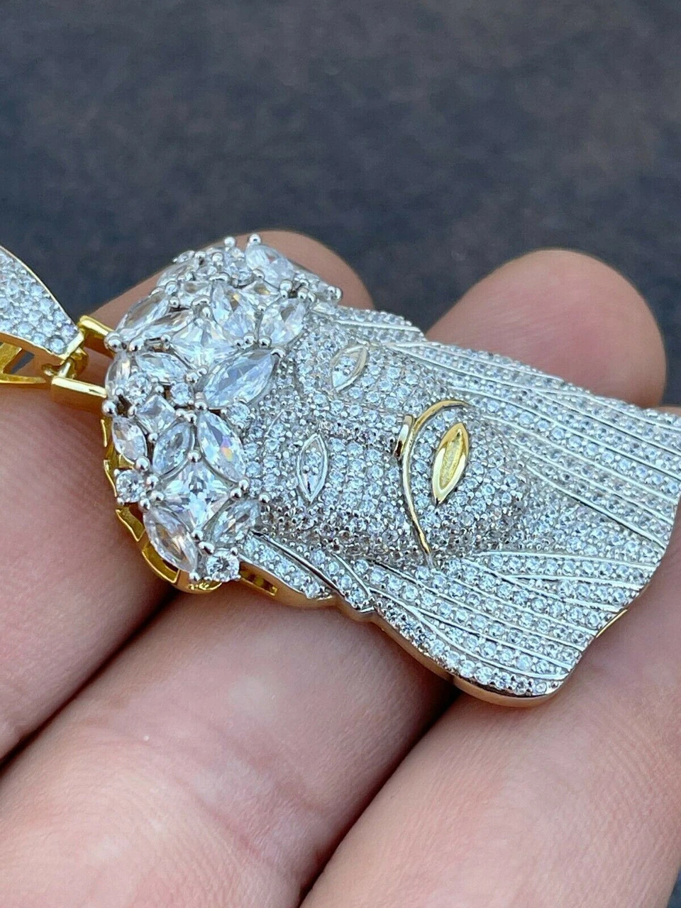 HipHop 14k Gold & 925 Sterling Silver Two Tone Baguette Jesus Piece Pendant Iced 7 HipHop 14k Gold & 925 Sterling Silver Two Tone Baguette Jesus Piece Pendant Iced - Image 5