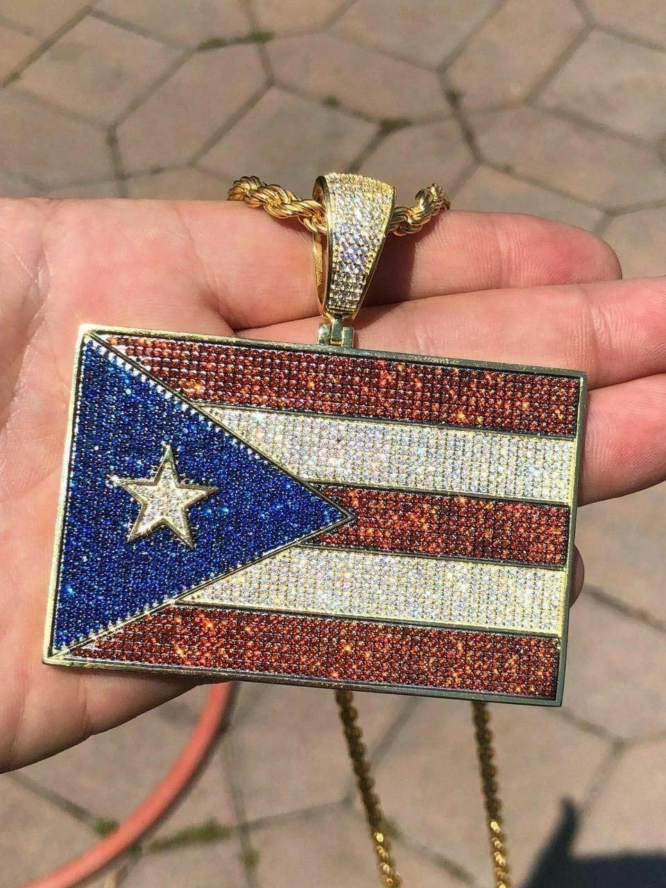 HUGE 2X3" 925 Silver Gold Plated Puerto Rico Flag Pendant BORICUA Rican Chain CZ 6 HUGE 2X3" 925 Silver Gold Plated Puerto Rico Flag Pendant BORICUA Rican Chain CZ - Image 4