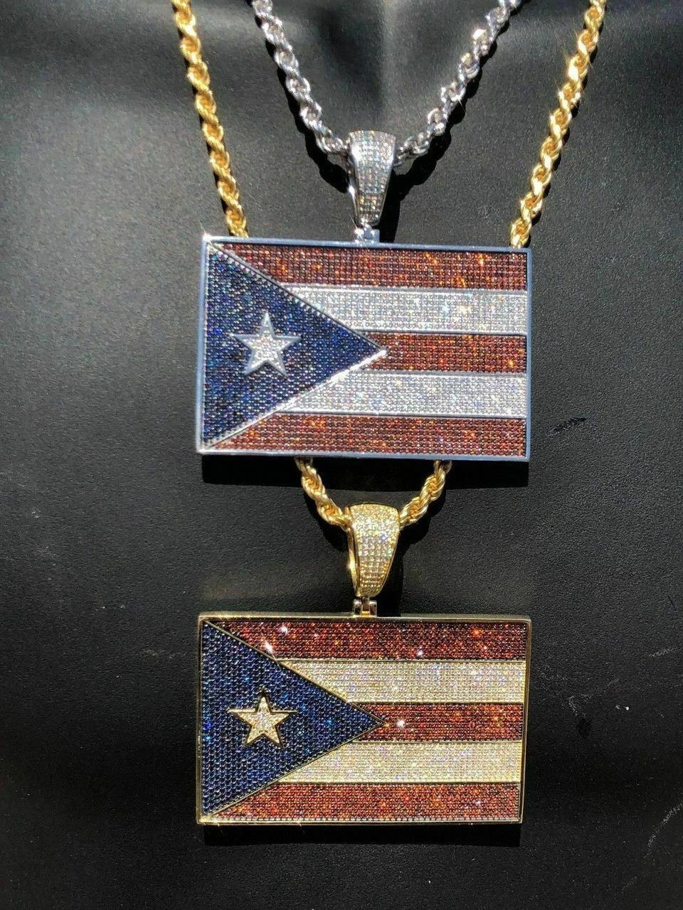 HUGE 2X3" 925 Silver Gold Plated Puerto Rico Flag Pendant BORICUA Rican Chain CZ 4 HUGE 2X3" 925 Silver Gold Plated Puerto Rico Flag Pendant BORICUA Rican Chain CZ - Image 2