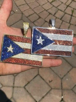HUGE 2X3" 925 Silver Gold Plated Puerto Rico Flag Pendant BORICUA Rican Chain CZ